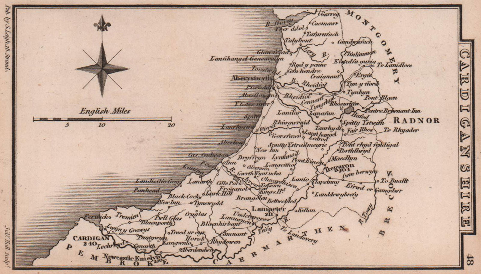 Cardiganshire miniature county map by Samuel Leigh / Sidney Hall c1820 old
